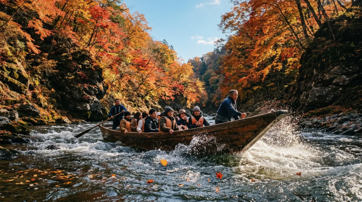 Cherry blossoms lining the Hozugawa gorge in spring, the best time for Hozugawa river boat ride, Kyoto, Japan