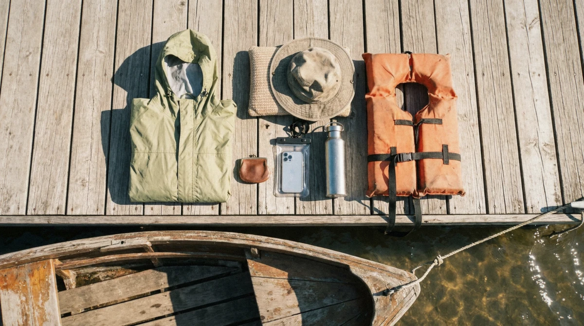 Passenger's rain jacket and life jacket laid out before the Hozugawa river boat ride, what to wear for a wet-weather departure from Kameoka, Kyoto
