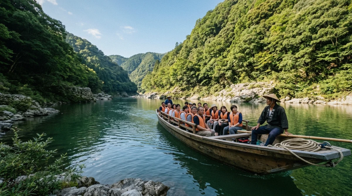 A wooden Hozugawa river boat mid-descent through the forested gorge on the Hozugawa river boat ride, Kyoto, Japan