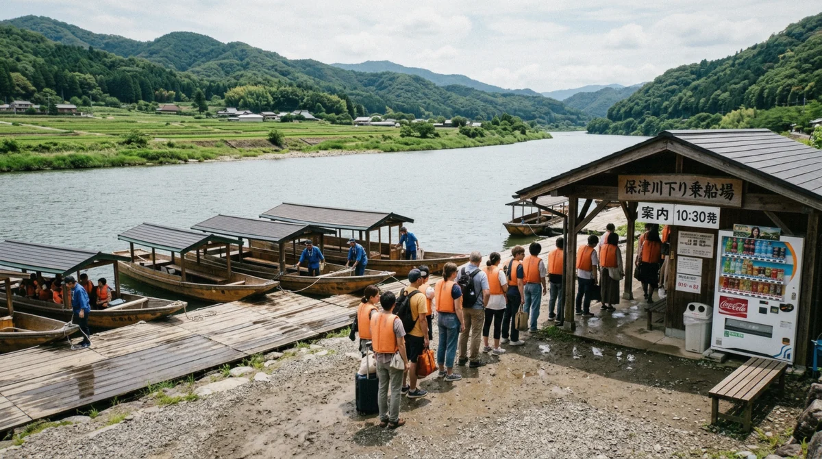 Wooden boats lined up at the Kameoka boarding dock for the Hozugawa river boat ride departure point near Kyoto